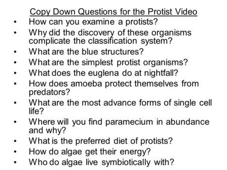 Copy Down Questions for the Protist Video How can you examine a protists? Why did the discovery of these organisms complicate the classification system?