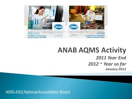 ANSI-ASQ National Accreditation Board. Accredited Certification Bodies (CBs)  36 AS9100  12 AS9110  28 AS9120 Applicant CBs  2 AS9100 (US & Israel)