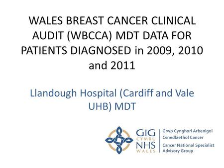 WALES BREAST CANCER CLINICAL AUDIT (WBCCA) MDT DATA FOR PATIENTS DIAGNOSED in 2009, 2010 and 2011 Llandough Hospital (Cardiff and Vale UHB) MDT.