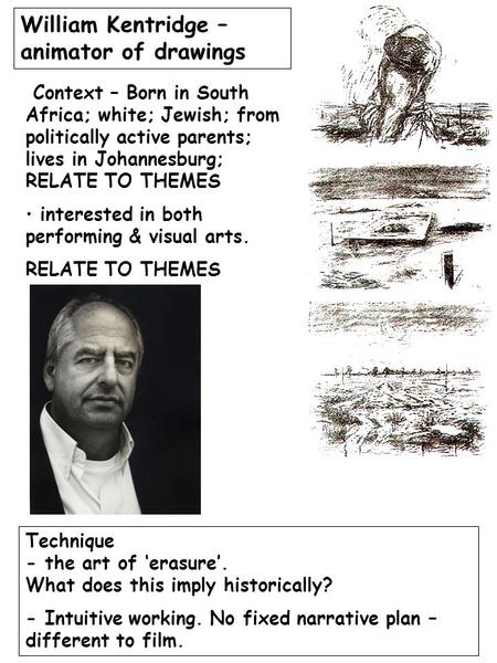 William Kentridge – animator of drawings Context – Born in South Africa; white; Jewish; from politically active parents; lives in Johannesburg; RELATE.