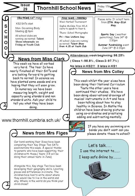 Thornhill School News Issue 29 News from Miss Clark News from Mrs Colley SCHOOLSCHOOL www.thornhill.cumbria.sch.uk/ This Week - 13 th May Next week – 20thMay.