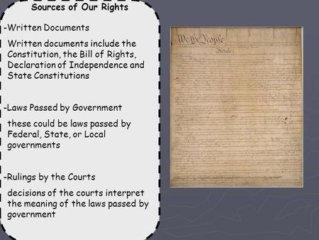 Sources of Our Rights -Written Documents Written documents include the Constitution, the Bill of Rights, Declaration of Independence and State Constitutions.