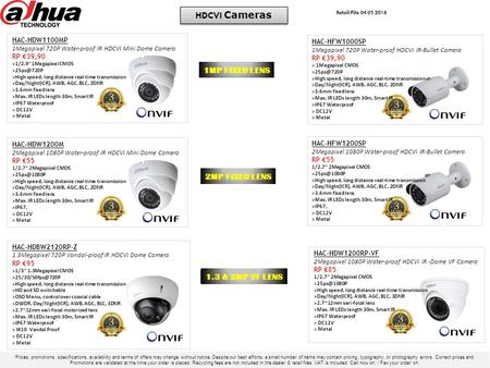 Retail File 04 05 2016 HAC-HDW1100MP 1Megapixel 720P Water-proof IR HDCVI Mini Dome Camera RP €39,90 >1/2.9 1Megapixel CMOS >High speed, long.