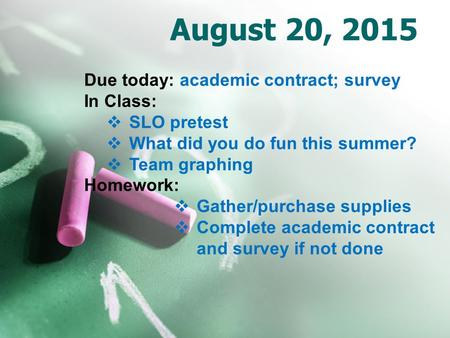 August 20, 2015 Due today: academic contract; survey In Class:  SLO pretest  What did you do fun this summer?  Team graphing Homework:  Gather/purchase.