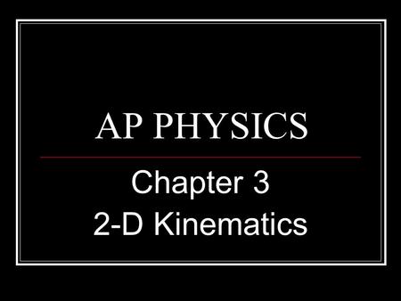 AP PHYSICS Chapter 3 2-D Kinematics. 2-D MOTION The overriding principle for 2-Dimensional problems is that the motion can be resolved using vectors in.