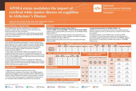 Adeline SL Ng, Amanda RJ Ng, Ivane Chew, Nagaendran Kandiah Department of Neurology, National Neuroscience Institute, Singapore APOE4 status modulates.