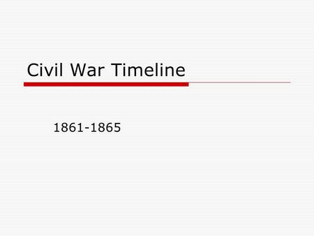 Civil War Timeline 1861-1865. 1860  Abraham Lincoln elected President in November 1860  South Carolina secedes in December Followed by Mississippi,