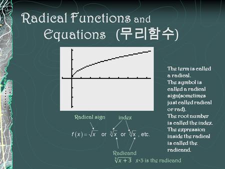 Radical Functions and Equations ( 무리함수 ) Radical sign index The term is called a radical. The symbol is called a radical sign(sometimes just called radical.