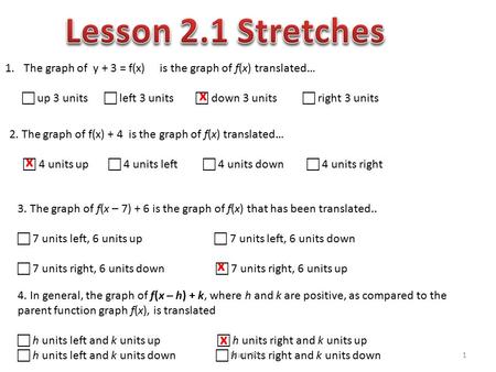 Lesson 2.1 Stretches The graph of y + 3 = f(x) is the graph of f(x) translated…  up 3 units	 left 3 units  down 3 units	 right 3 units.