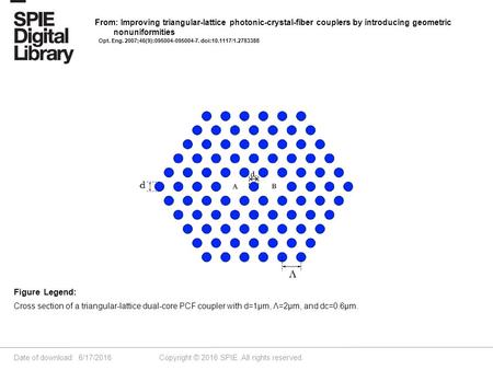 Date of download: 6/17/2016 Copyright © 2016 SPIE. All rights reserved. Cross section of a triangular-lattice dual-core PCF coupler with d=1μm, Λ=2μm,