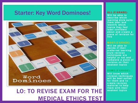 ALL (E GRADE): Will be able to describe which learning style suits them best and identify which topics they feel least confident about and create a piece.