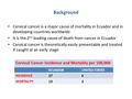 Background Cervical cancer is a major cause of mortality in Ecuador and in developing countries worldwide It is the 2 nd leading cause of death from cancer.