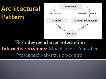 High degree of user interaction Interactive Systems: Model View Controller Presentation-abstraction-control.