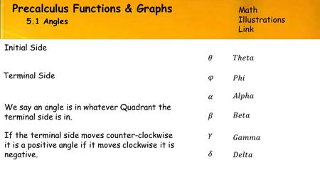 Precalculus Functions & Graphs 5.1 Angles Initial Side Terminal Side Math Illustrations Link We say an angle is in whatever Quadrant the terminal side.