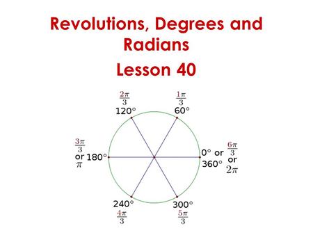 Revolutions, Degrees and Radians Lesson 40. LESSON OBJECTIVE: 1.Use radian and degree measures to measure angles and rotations. 2.Investigate how radians.