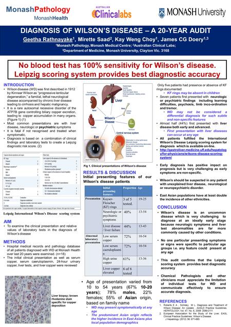 DIAGNOSIS OF WILSON’S DISEASE – A 20-YEAR AUDIT Geetha Rathnayake 1, Mirette Saad 2, Kay Weng Choy 1, James CG Doery 1,3 1 Monash Pathology, Monash Medical.