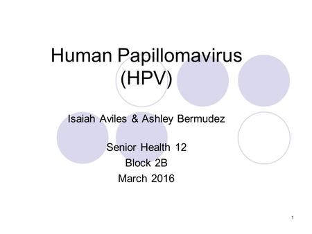 1 Human Papillomavirus (HPV) Isaiah Aviles & Ashley Bermudez Senior Health 12 Block 2B March 2016.