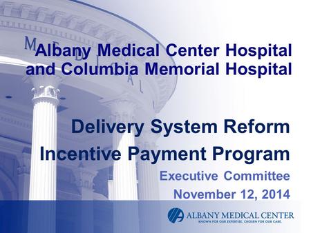 Albany Medical Center Hospital and Columbia Memorial Hospital Delivery System Reform Incentive Payment Program Executive Committee November 12, 2014.