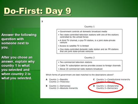 Do-First: Day 9 Answer the following question with someone next to you. After you chose an answer, explain why country 1 is what you selected and when.