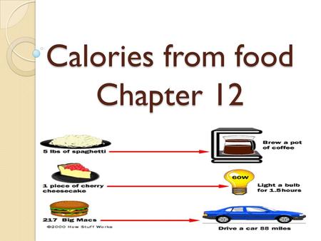 Calories from food Chapter 12. Calories Measurement of the energy content in a substance = heat Calorie = E require to raise the temperature of 1 gram.