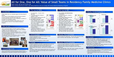 All for One, One for All: Value of Small Teams in Residency Family Medicine Clinics Robert Kraft, MD and Alice Brown, RN Salina Family Healthcare Center,