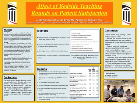 Background The occurrence of bedside teaching rounds has declined over the decades, with various barriers. One barrier sited is patient discomfort with.