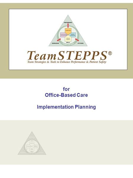 For Office-Based Care Implementation Planning ®. Slide 1 1 TeamSTEPPS | Office-Based Care Implementation Planning INTRODUCTION SAY: Welcome to the Implementation.