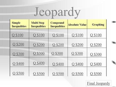 Jeopardy Q $100 Q $100 Q $100 Q $100 Q $100 Q $200 Q $200 Q $200