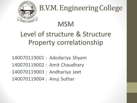 B.V.M. Engineering College MSM Level of structure & Structure Property correlationship 140070119001 : Adodariya Shyam 140070119002 : Amit Chaudhary 140070119003.