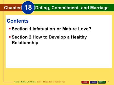 Glencoe Making Life Choices Section 1 Infatuation or Mature Love? Chapter 18 Dating, Commitment, and Marriage 1 > HOME Chapter Dating, Commitment,