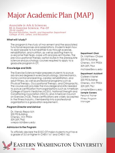 Major Academic Plan (MAP) What will I study? The program is the study of movement and the associated functional responses and adaptations. Students learn.