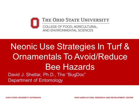 Neonic Use Strategies In Turf & Ornamentals To Avoid/Reduce Bee Hazards David J. Shetlar, Ph.D., The “BugDoc” Department of Entomology.