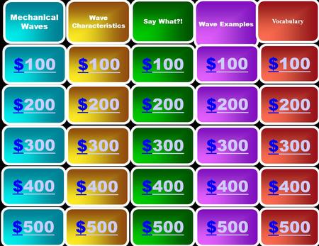 Mechanical Waves Wave Characteristics Say What?! Wave Examples Vocabulary $100100 $100100 $100100 $100100 $100100 $200200 $300300 $500500 $400400 $500500.