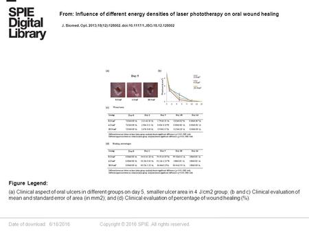 Date of download: 6/18/2016 Copyright © 2016 SPIE. All rights reserved. (a) Clinical aspect of oral ulcers in different groups on day 5, smaller ulcer.