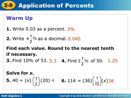 Warm Up 1. Write 0.03 as a percent. 2. Write as a decimal.