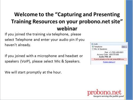 If you joined the training via telephone, please select Telephone and enter your audio pin if you haven’t already. If you joined with a microphone and.