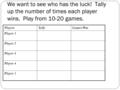 We want to see who has the luck! Tally up the number of times each player wins. Play from 10-20 games. PlayersTallyGames Won Player 1 Player 2 Player 3.