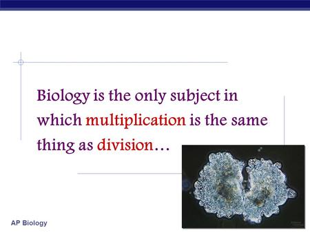 AP Biology 2007-2008 Biology is the only subject in which multiplication is the same thing as division…