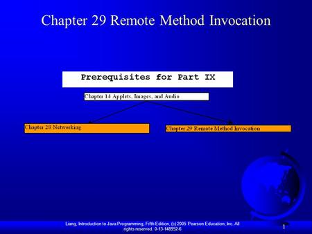 Liang, Introduction to Java Programming, Fifth Edition, (c) 2005 Pearson Education, Inc. All rights reserved. 0-13-148952-6 1 Chapter 29 Remote Method.