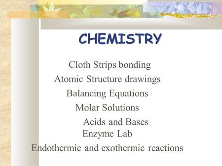 CHEMISTRY Cloth Strips bonding Atomic Structure drawings Balancing Equations Molar Solutions Acids and Bases Enzyme Lab Endothermic and exothermic reactions.