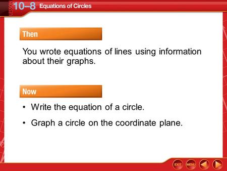 Then/Now You wrote equations of lines using information about their graphs. Write the equation of a circle. Graph a circle on the coordinate plane.