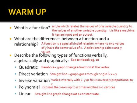  What is a function?  What are the differences between a function and a relationship?  Describe the following types of functions verbally, algebraically.