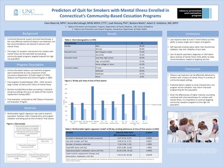 Clare Meernik, MPH 1 ; Anna McCullough, MSW, MSPH, CTTS 1 ; Leah Ranney, PhD 1 ; Barbara Walsh 2 ; Adam O. Goldstein, MD, MPH 1 Predictors of Quit for.