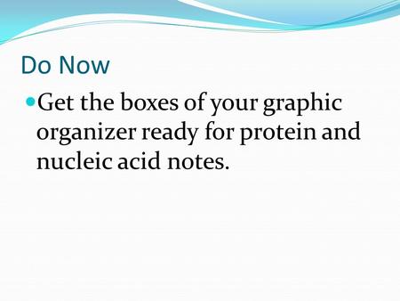 Do Now Get the boxes of your graphic organizer ready for protein and nucleic acid notes.