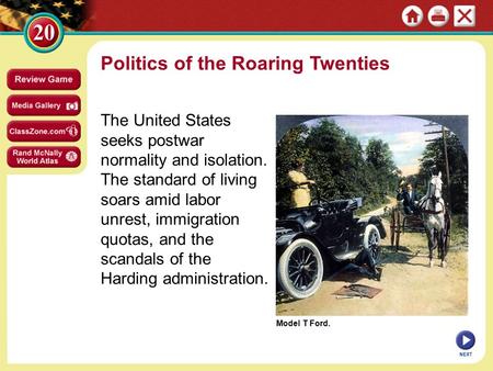 Model T Ford. Politics of the Roaring Twenties The United States seeks postwar normality and isolation. The standard of living soars amid labor unrest,