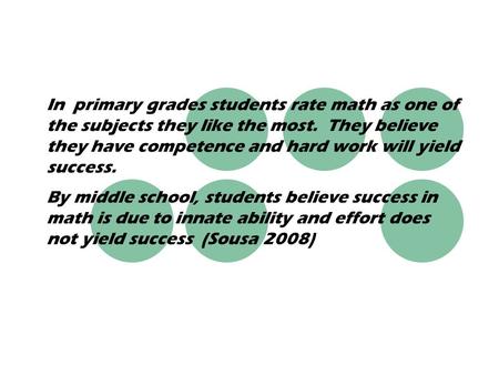 In primary grades students rate math as one of the subjects they like the most. They believe they have competence and hard work will yield success. By.