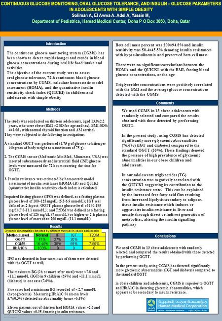 TEMPLATE DESIGN © 2008 www.PosterPresentations.com CONTINUOUS GLUCOSE MONITORING, ORAL GLUCOSE TOLERANCE, AND INSULIN – GLUCOSE PARAMETERS IN ADOLESCENTS.