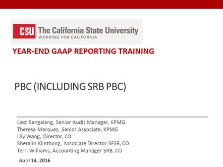 April 14, 2016 PBC (INCLUDING SRB PBC) Liezl Sangalang, Senior Audit Manager, KPMG Theresa Marquez, Senior Associate, KPMG Lily Wang, Director, CO Sheralin.