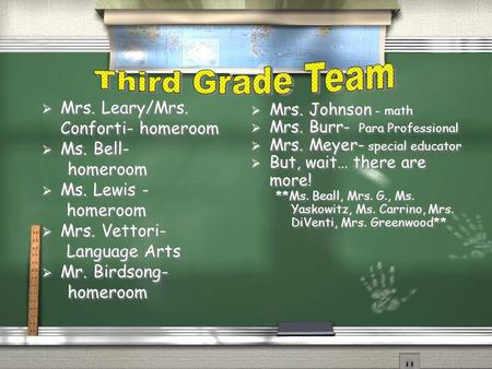  Mrs. Leary/Mrs. Conforti- homeroom  Ms. Bell- homeroom  Ms. Lewis - homeroom  Mrs. Vettori- Language Arts  Mr. Birdsong- homeroom  Mrs. Leary/Mrs.