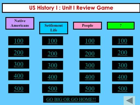 US History I : Unit I Review Game 100 200 300 400 500 100 200 300 400 500 100 200 300 400 500 100 200 300 400 500 GO BIG OR GO HOME!! Native Americans.